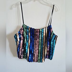 Topshop Sequin Striped Crop Top - Blue, Green, Pink, Gold